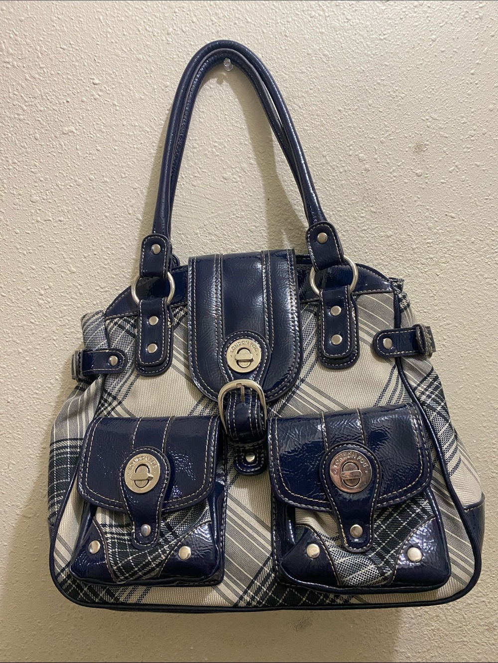London Fog Navy Plaid Top-Handle Handbag